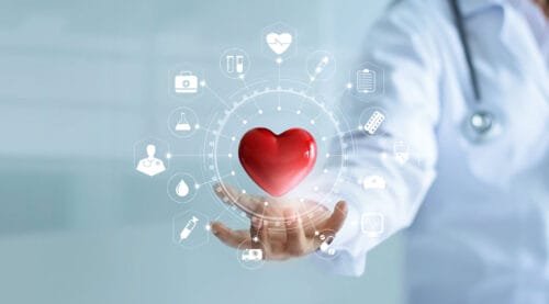 Ein Arzt hält ein rotes Herz in der Hand, umgeben von symbolischen Icons für medizinische Dienstleistungen, Pflege, Diagnosen und Behandlungen.