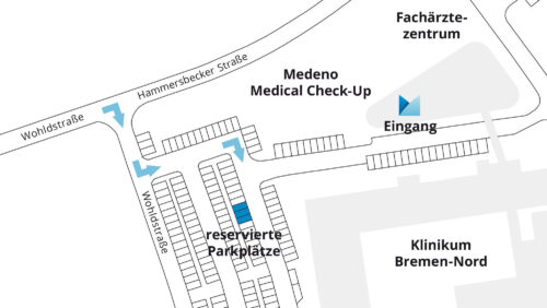Übersichtskarte des Medeno Medical Check-Up mit eingezeichnetem Eingang und reservierten Parkplätzen. Die Karte zeigt die Zufahrt von der Wohlstraße und die angrenzenden Facharztzentren sowie das Klinikum Bremen-Nord.