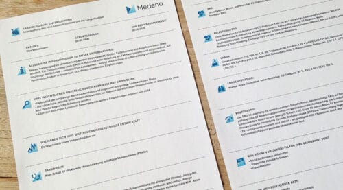 Kardiologische Untersuchungsergebnisse mit Informationen zur Herz-Kreislauf-Gesundheit, einschließlich EKG, Belastungstest, Laborwerten und Lungentest. Dokumentation zeigt Patientendaten und Empfehlungen zur Gesundheitsförderung.