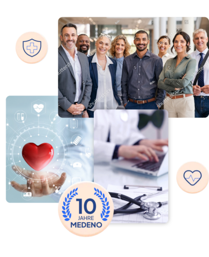 Professionelles Team von Medeno feiert 10-jährige Jubiläum. Grafik zeigt Herz-Symbol sowie medizinische Elemente und einen Arzt, der am Laptop arbeitet.