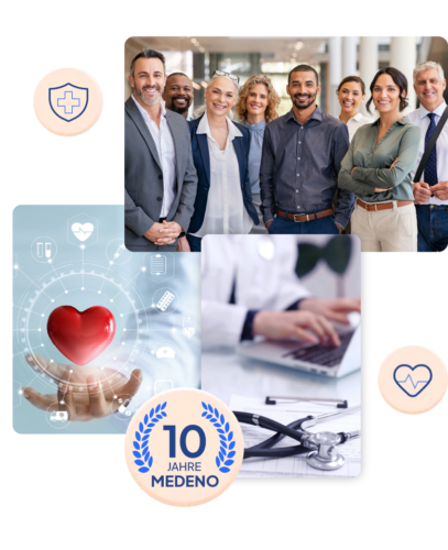 Team von Medeno feiert 10 Jahre im Gesundheitswesen mit symbolischen Elementen wie Herz und medizinischem Equipment. Die Abbildung zeigt symbolisch zufriedene Kunden.