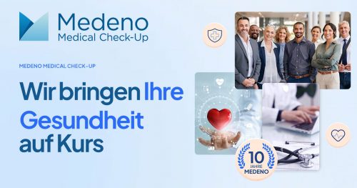 Medeno Medical Check-Up, Logo und Bild eines Gesundheitsteams, Symbolik für Gesundheitsvorsorge und medizinische Dienstleistungen, Motto: "Wir bringen Ihre Gesundheit auf Kurs", Jubiläumsbanner "10 Jahre Medeno".